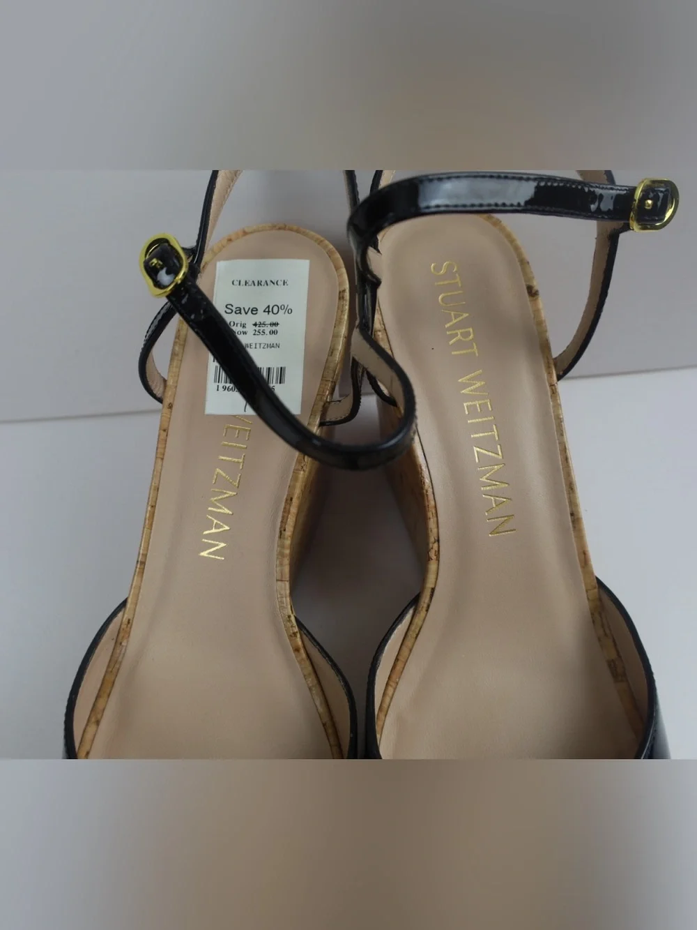 Stuart Weitzman Palmina Black Patent Leather Cork Wedge Sandal- 10- 0513